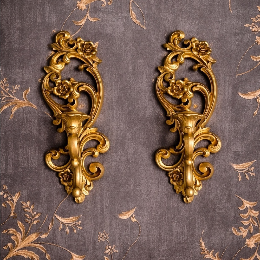 Vintage Pair Of 1960s Syroco Ornate Gold Gilt Wall Sconce Mid Century Sconces